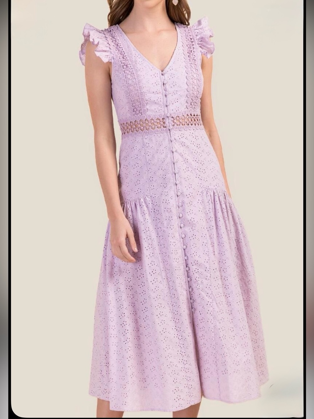 Romantic Lavender Button Front Maxi Dress Eyelet Lace Fairy Cottagecore Boho M